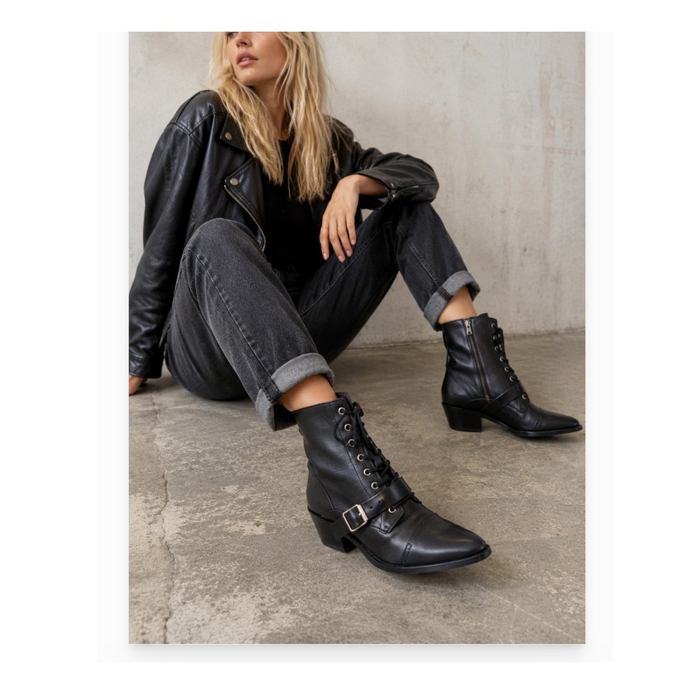 AllSaints Luncie Black Leather Lace Up Buckle Ankle Boots Womens 9 EU 40 NEW